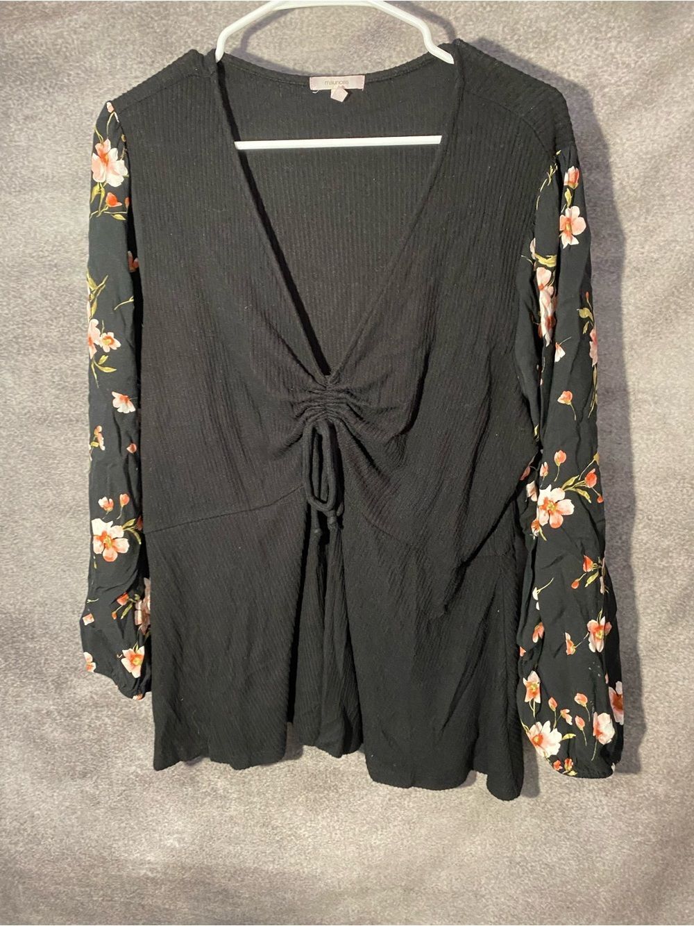 Maurices Black Ribbed Cinch Front Top Floral Sleeve V-Neck Peplum Blouse XL